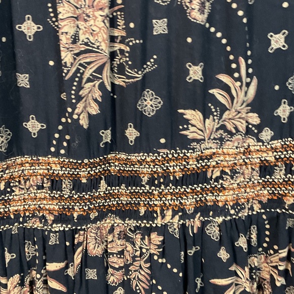 Free People Golden Hour Smocked Bodice Cotton Maxi Dress Black Combo Brown Med - Picture 14 of 15